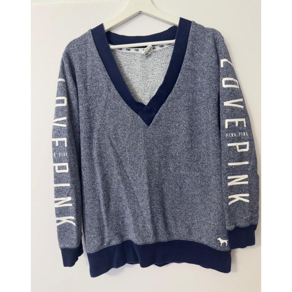 PINK Victoria's Secret V-Neck Sweatshirt Womens M Blue Marl Sleeve Logo Y2K